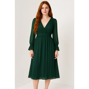 Zara Dark Green Pleated V Neck Midi Dress Women's S